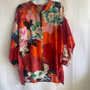 Johnny Was Floral Silk Button-Up Blouse in Red, Orange, Green, Pink